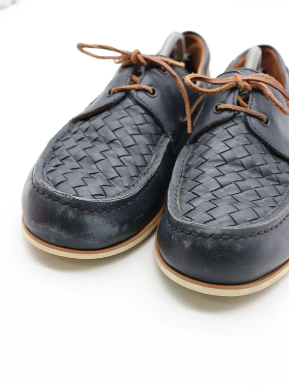 Bottega Veneta Boat Shoes Men's Size EU 44.5 Navy Leather Lace Up Loafers Italy